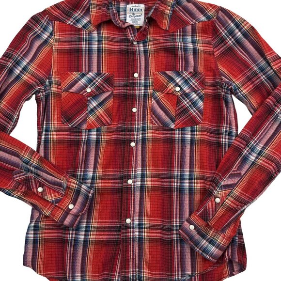 Authentic 44mm Plaid Western Pearl Snap Front Button Down Shirt Men's Size M - Picture 2 of 6